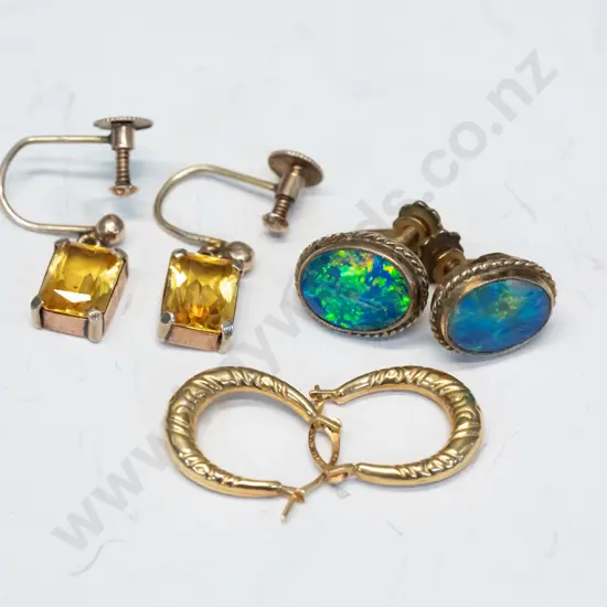 pair amber earrings & pair of opal earrings both stamped 9ct screw on & pair of gold hoop earring stamped 375