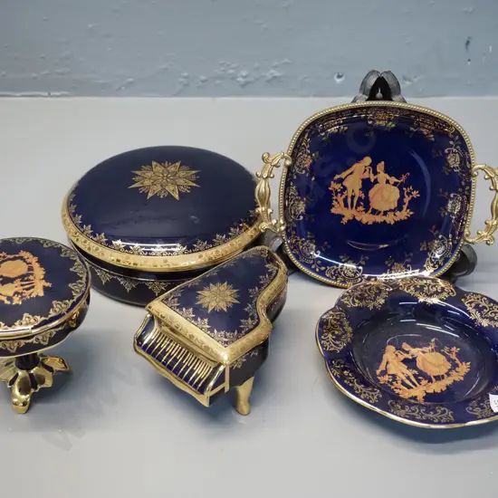 5 pieces of cobalt and gold Limoges china - 2 dishes, 3 lidded trinkets, largest is D-140