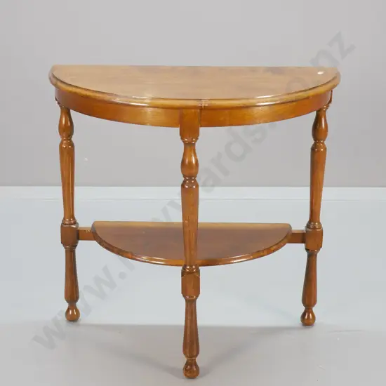 mahogany half-round hall table with lower shelf and turned legs - polish needs attention H-720 W-720 D-350