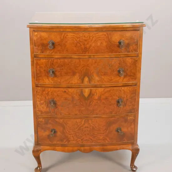 reproduction burr walnut veneer & mahogany bow-front 4-drawer chest with glass top - some veneer bubbling & small chips