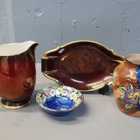4 pieces of English china - Tunstall viola vase, Maling small dish and 2 pieces Carlton Rouge Royale, jug is H-140