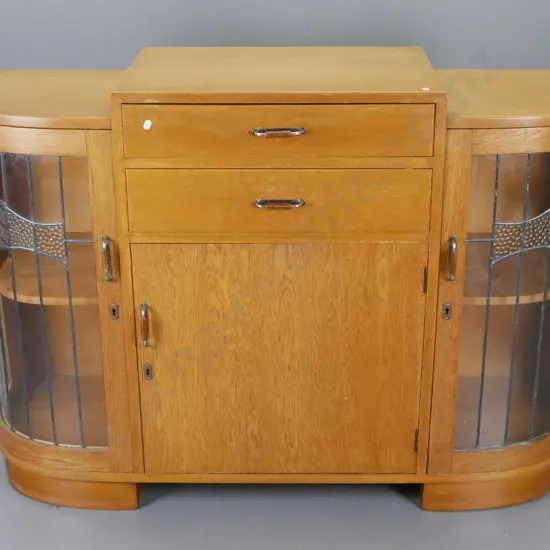 deco oak china cabinet / sideboard with rounded leadlight doors, timber centre door, 2 drawers, chrome and bakelite