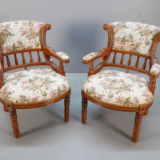contemporary traditional style mahogany framed spindle back lounge chairs with floral tapestry H-900 W-660 D-570