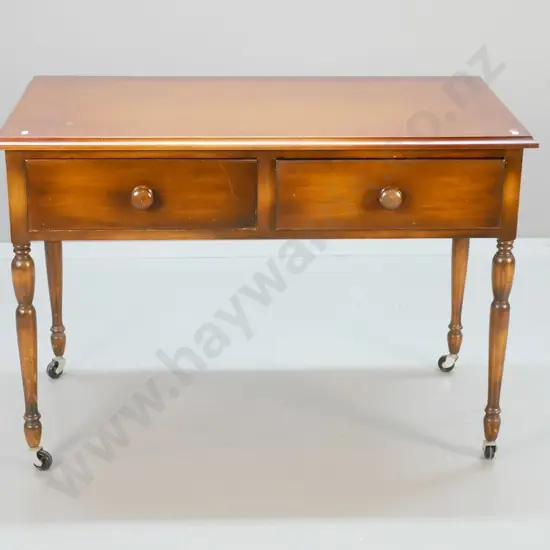 vintage kauri 2-drawer hall or sofa table, casters added later, some marks to top H-680 W-980 D-535