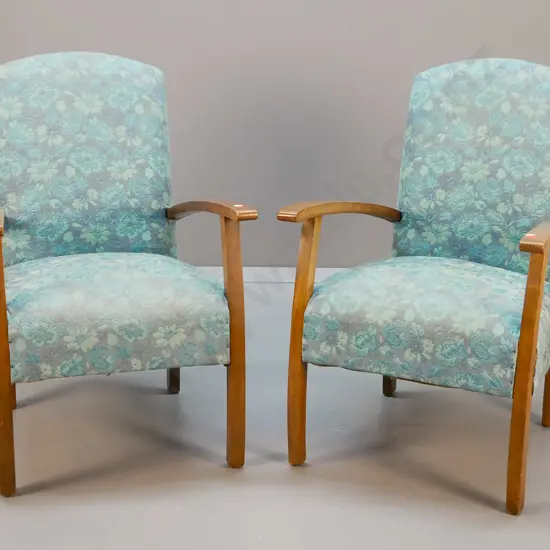 pair of mahogany framed small lounge chairs covered in retro turquoise brocade H-780 W-515 D-580