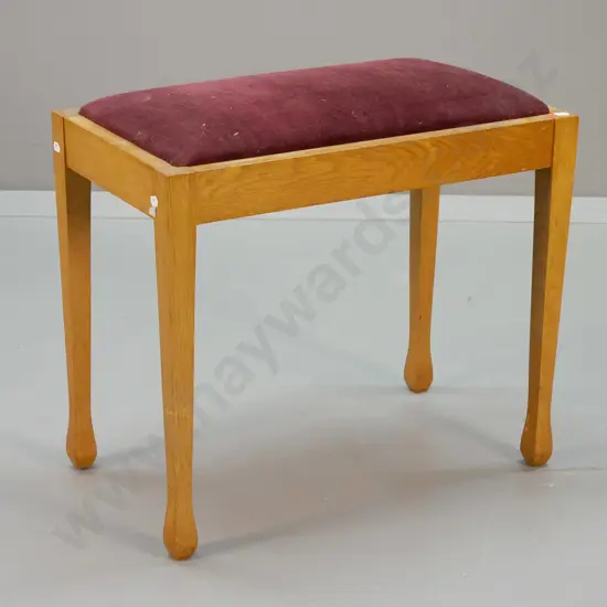 deco oak-framed piano or vanity stool with red velvet upholstered seat H-480 W-540 D-310