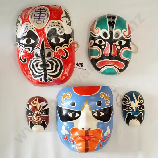 5 painted papier-mache Asian wall masks, largest H-240 W-170