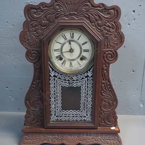 vintage Ansonia mantel clock in carved wooden case, with pendulum & key, in working order H-560 W-360 D-120