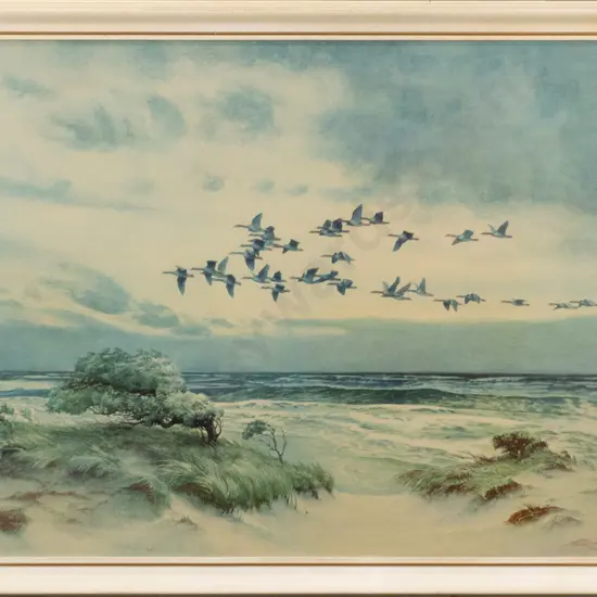 framed retro print - KE Olszewski "Geese Over the Coast" H-600 W-860