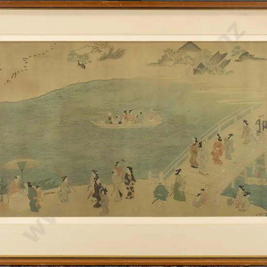 framed japanese print, river scene H-330 W-510 (creasing) - no glass