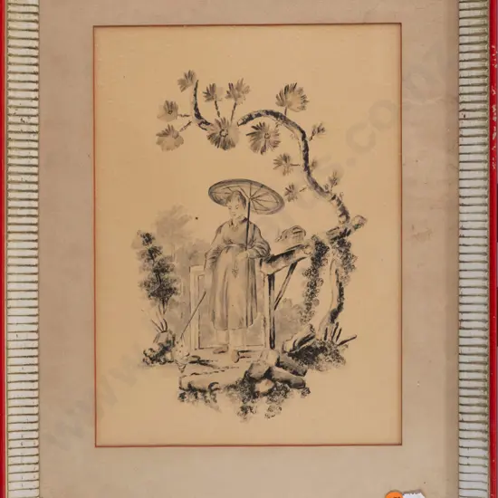 framed Asian print, portrait H-300 W-210 (frame needs attention)