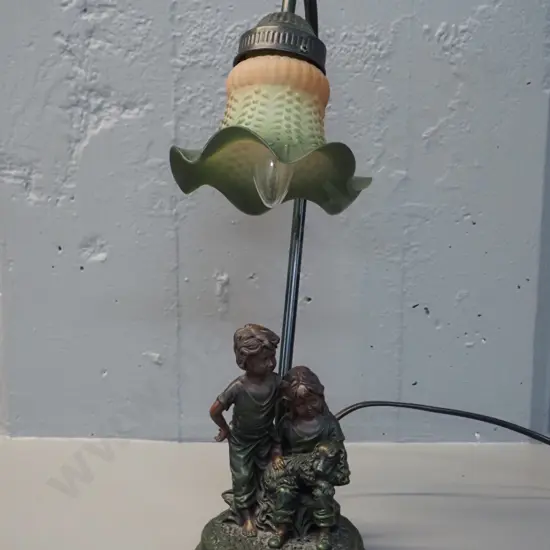 reproduction bronze finish composite figural base table lamp with moulded glass tulip shade H-420