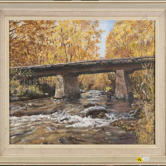 Lisette Thompstone - framed oil - Old Faithful Bridge Lindis H-290 W-330