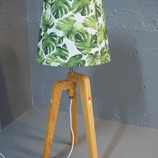 timber tripod base table lamp with monstera leaf pattern fabric shade H-710 shade D-290