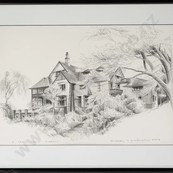 RodneyJP Wells 2000 - framed ink and pencil "5 Heriot Row Dunedin" H-380 W-560