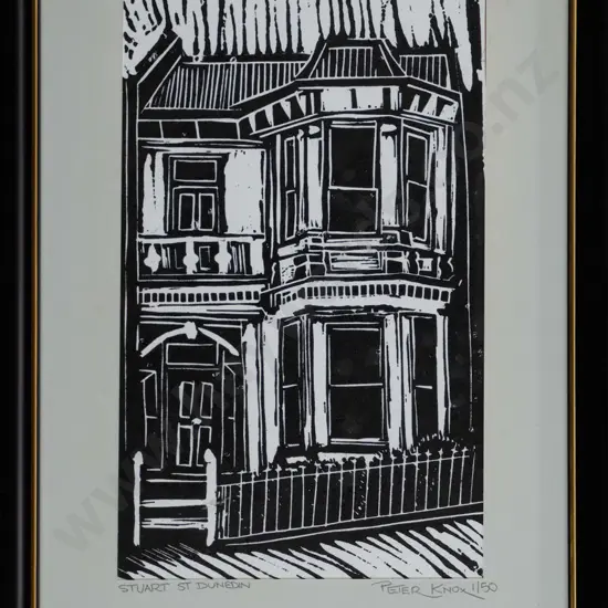 Peter Knox - framed wood block print 1/50 "Stuart St Dunedin" H-230 W-130
