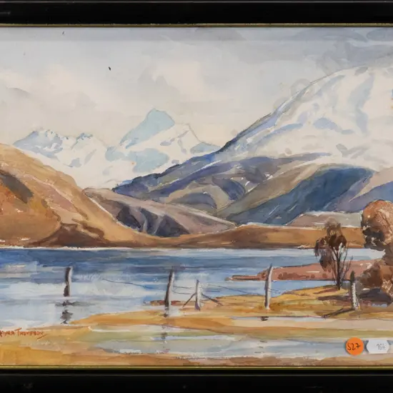 Myra Thompson - framed watercolour - lake and mountain scene (slight foxing) H-270 W-350