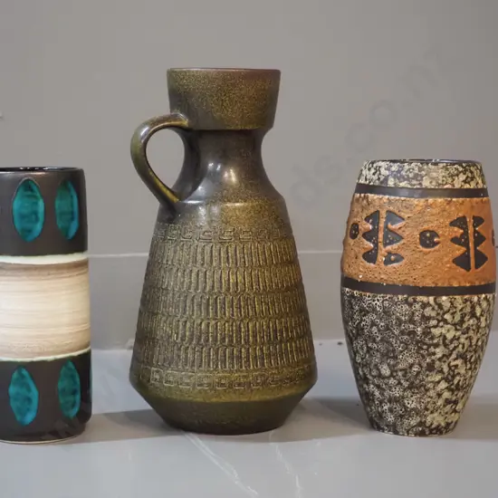 3 German pottery vases, taller handled one H-250 marked 303-25 on base