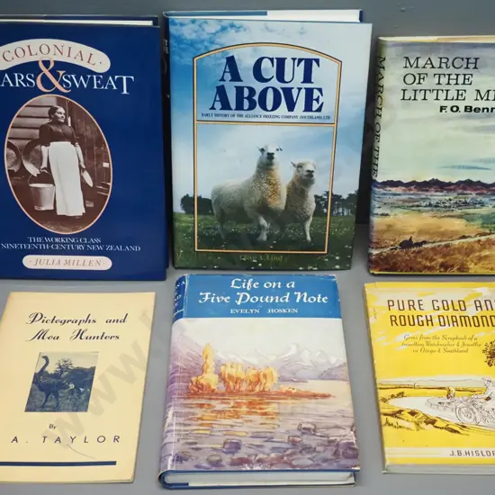 6 books: NZ local and social history, "Pictographs and Moa Hunters" booklet etc.