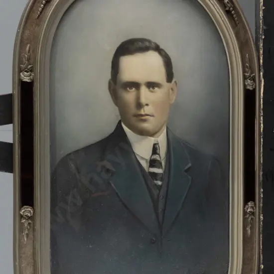 vintage framed convex glass hand coloured photograph H-600 W-370 (slight cracking to frame and aging to photograph)