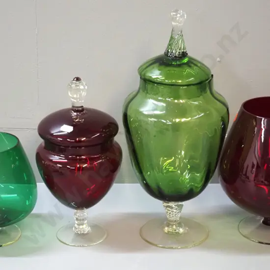 4 pieces of coloured glass - 2 large brandy balloon shaped vases and 2 lidded stemmed jars, tallest is green jar H340