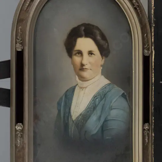 vintage framed convex glass hand coloured photograph H-600 W-370 (slight cracking to frame and aging to photograph)