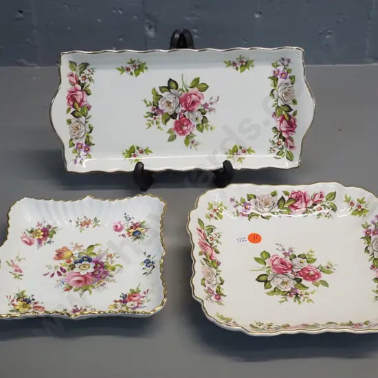 3 English china floral biscuit plates - 1 Hammersley and 2 Old Foley - larger square is 200x200