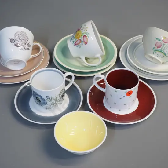 assorted Susie Cooper china - 2 trios, 2 coffee cups & saucers and a sugar bowl
