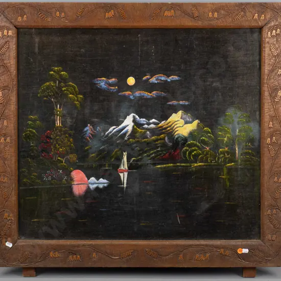 vintage decorative wood framed, painted velvet firescreen - no base H-740 W-780