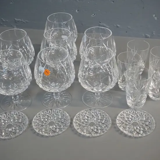 cut crystal items - 7 Waterford stemmed brandy glasses H130, one with chip to base, and 5 spirit glasses and 4 coasters