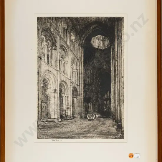 framed etching, cathedral scene H-350 W-250 (fading to mat)