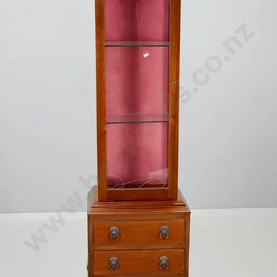 reproduction mahogany display cabinet - 2 doors, 1 drawer, 2 glass adjustable shelves, lion's head handles H-1525 W-410