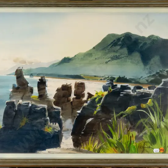 framed watercolour, coastal scene H- 420 W-510