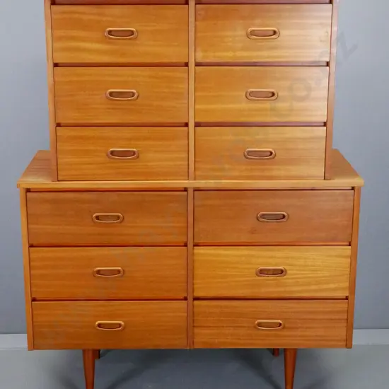 mid-century mahogany 12-drawer chest-on-chest - some chips & water marks, polish needs work H-1235 W-970 D-405