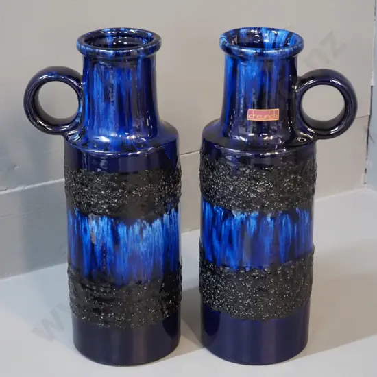 pair of Scheurich German pottery dark blue handled vases - marked 401-28. H-280