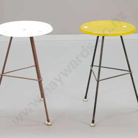 pair of retro all-metal stools with disc-shaped seats - one gold, one white. Some rubbing to paint H-470 D-280