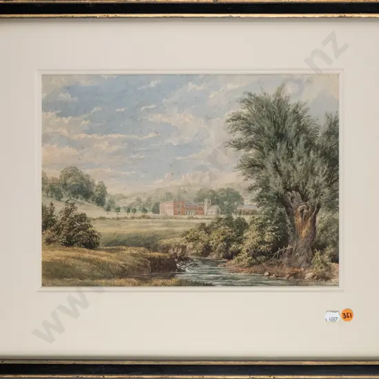 HJS 1867 framed watercolour, country scene H-250 W-350 (foxing)
