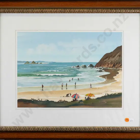 framed watercolour - coastal scene H-250 W-350 (mat needs attention)