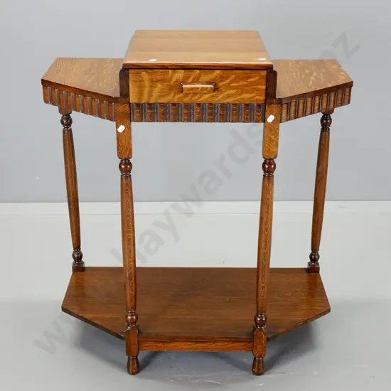 deco oak hall table w/ turned legs, raised centre drawer, bottom shelf H-860 W-760 D-400