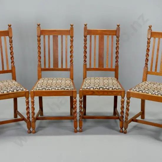 set of 4 deco oak framed dining chairs w/ barley twist turnings, slat back, geometric chenille tapestry H1030 W440 D440