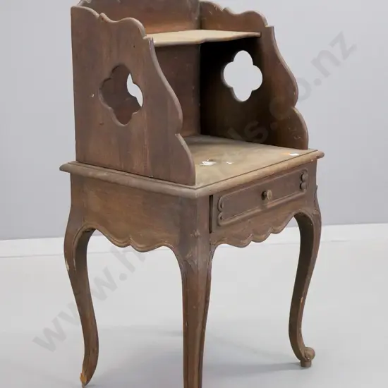 vintage French small oak bedside cabinet with drawer and top shelf, some chips and marks H-760 W-400 D-310