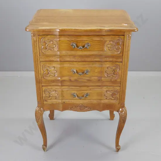 vintage French oak 3-drawer bedside cabinet w/carved drawers fronts & legs. Polish needs a little work H-810 W-540 D-390