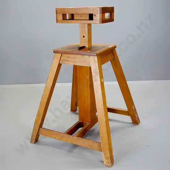 vintage timber adjustable height gymnasium stand with non-original support pegs - H875 at lowest setting W-740 D740