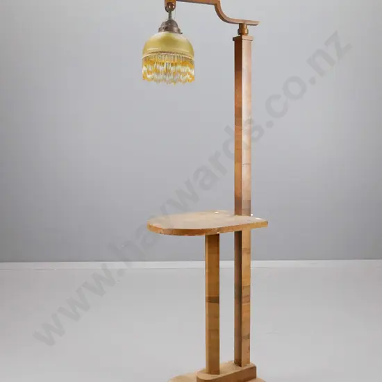 vintage oak side table & reading lamp with veneer finish, swivel lamp support, glass shade w/beaded fringe, copper