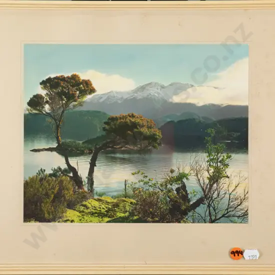 framed vintage hand coloured photograph - lake and mountain scene H-200 W-240 (slight foxing to mat)