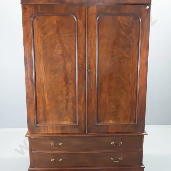 antique mahogany wardrobe with flame veneer door fronts and border, brass drop handles, escutcheons w/key - a few chips