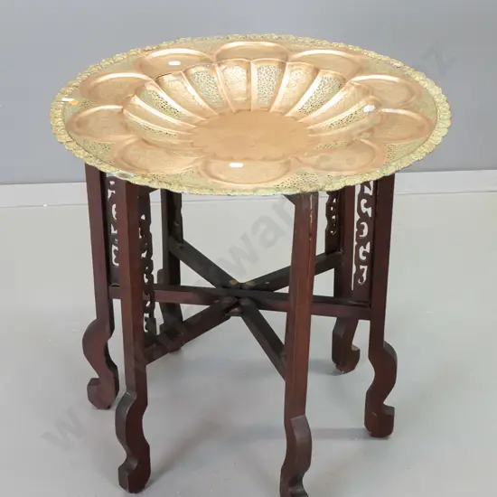 asian collapsible table with carved timber base & beaten brass and copper bowl-shaped top H580 D-580