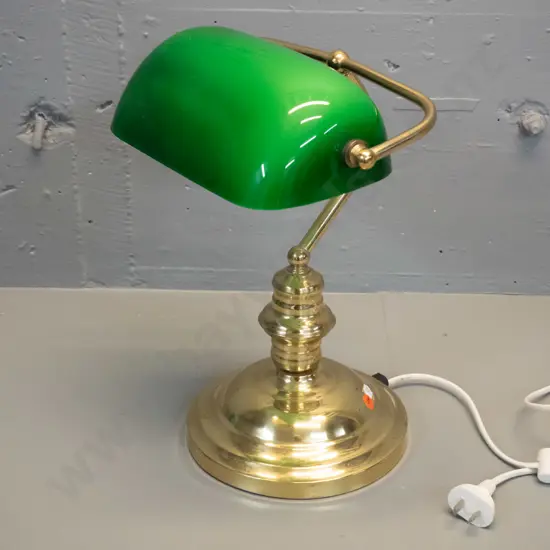contemporary brass banker's lamp with green glass shade - minor pitting to brass H-380 W-260