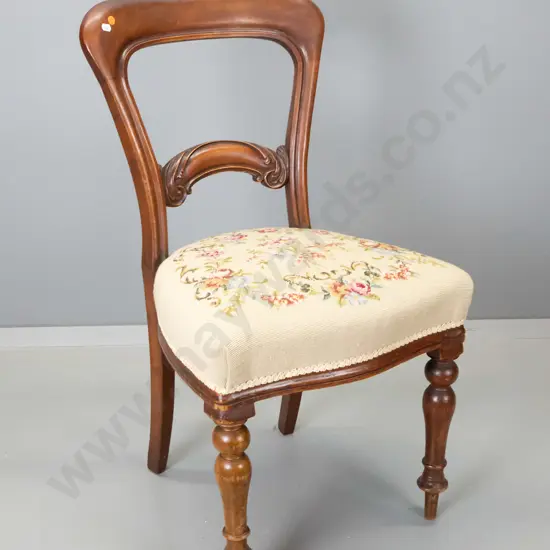 Victorian mahogany framed balloon back dining chair with carved back, seat in petit-point tapestry H880 W480 D440