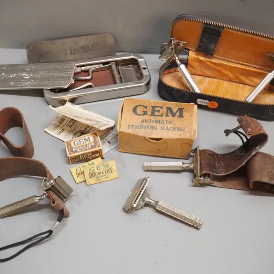 assorted vintage shaving equipment - chrome cased Rolls razor, leather strops, safety razors & leather case